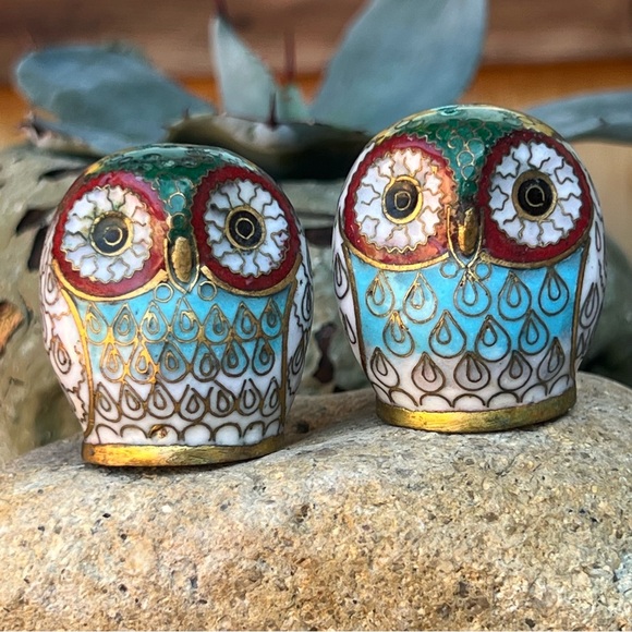 Vintage Cloisonné Chinese Owl Salt & Pepper Shakers – Set – Good Condition - Picture 8 of 8